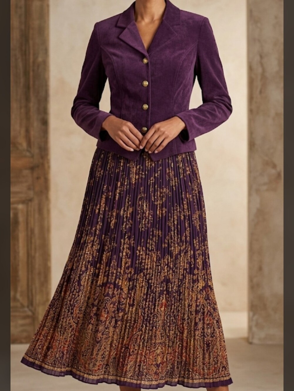Vintage Stonebridge Mock 2-Piece Dress • Plum Faux Suede & Paisley Maxi • 1PC